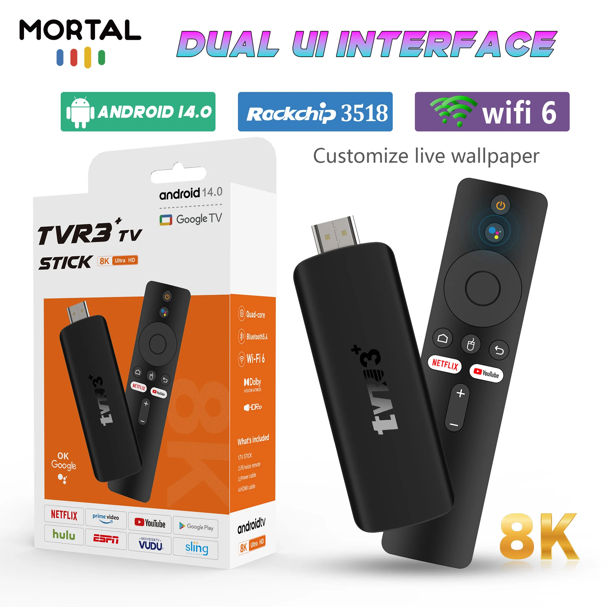 Mortal Smart TV Stick Android 14 Google Assistan BT Voice Remote Supports 4K HDR10 Wireless Games 2G 16G TV Dongle TVR3+ RK3518