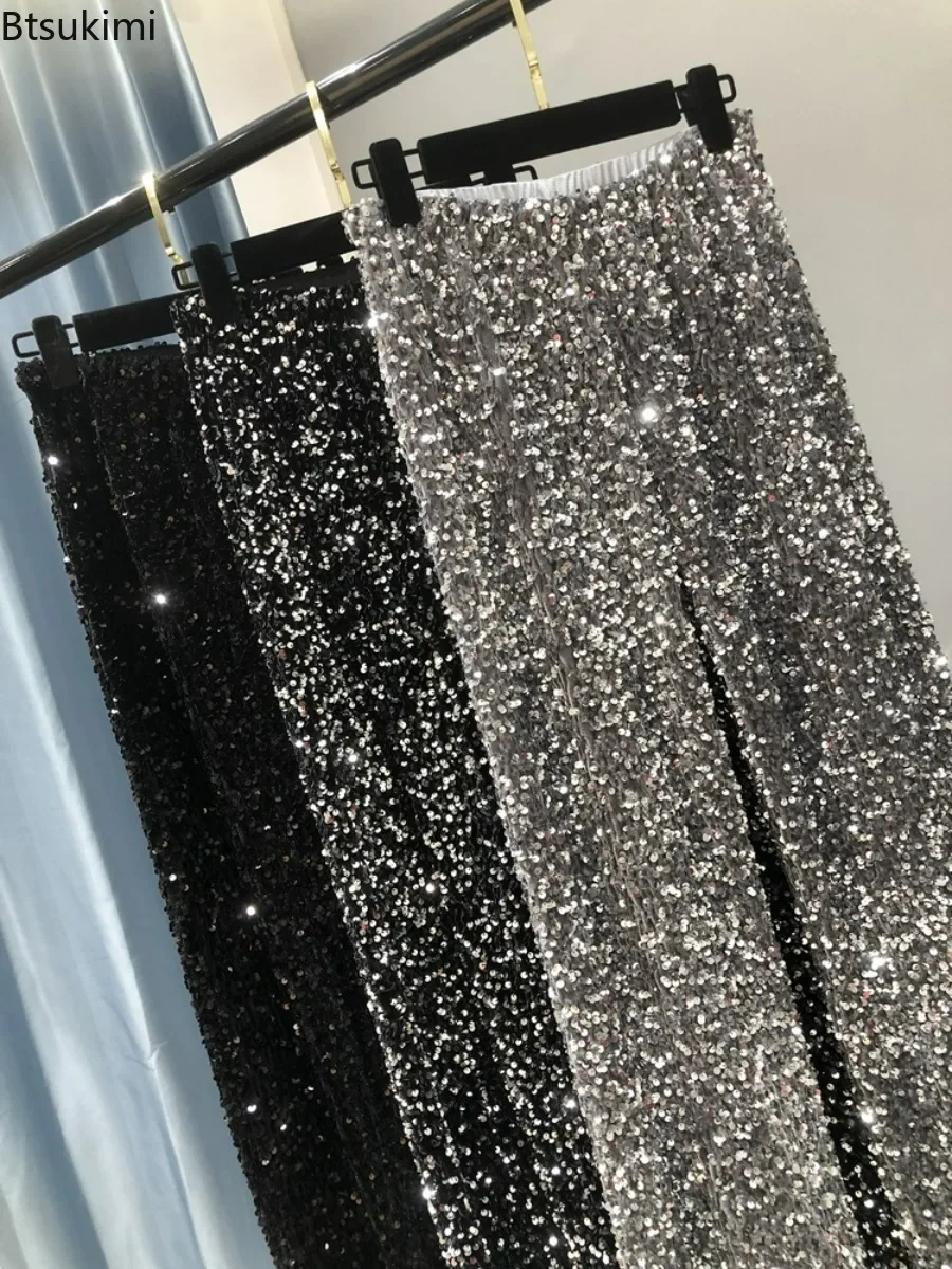2026 Women’s Thickening Warm Silver Black Sequin Pants Autumn Winter Glitter Pants Sparkly Trousers Party Clubwear Pants Female